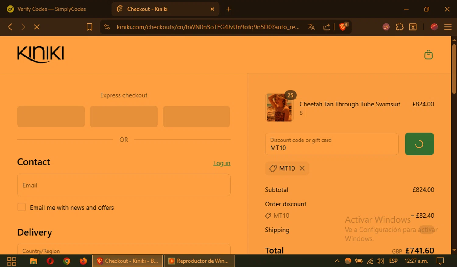 Kiniki promo code screenshot showing code MT10 applied at Kiniki checkout page. Uploaded by SimplyCodes community member CouponSaver4196 on Jul 19, 2025