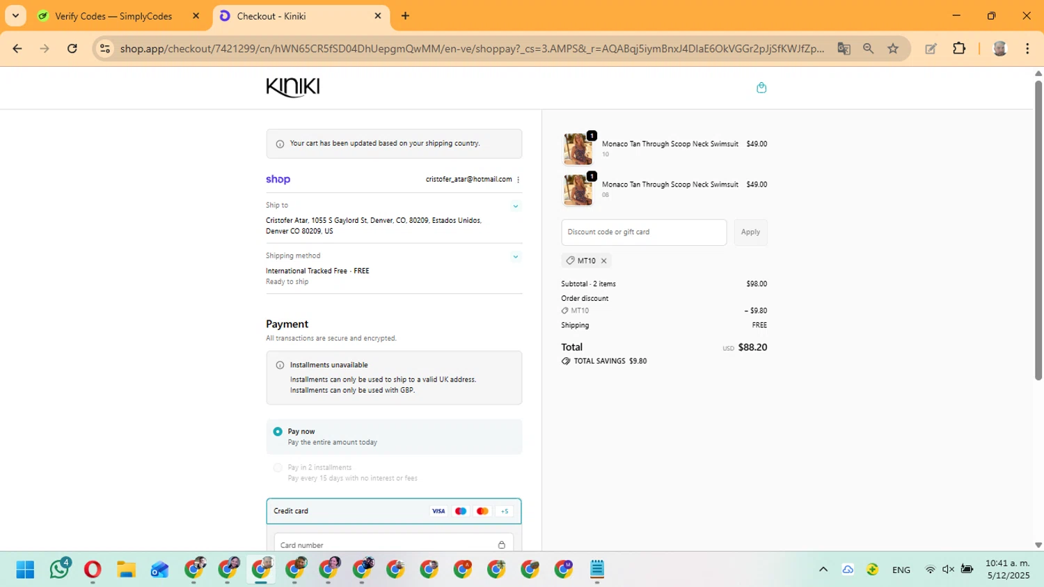 Kiniki promo code screenshot showing code MT10 applied at Kiniki checkout page. Uploaded by SimplyCodes community member ManuelF on Dec 5, 2025