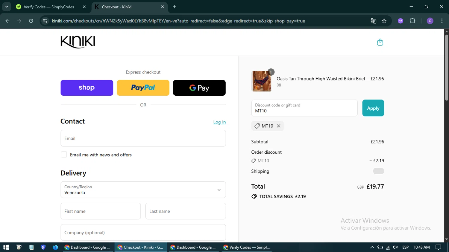 Kiniki promo code screenshot showing code MT10 applied at Kiniki checkout page. Uploaded by SimplyCodes community member OliverRodriguez21 on Sep 8, 2025