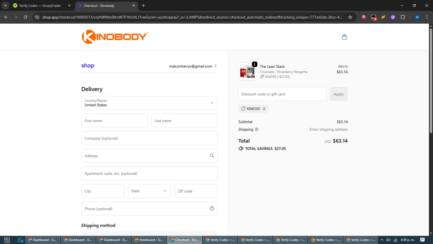 Kinobody discount code screenshot showing code KINO30 applied at Kinobody checkout page. Uploaded by SimplyCodes community member EpicVoyager2820 on Oct 27, 2025