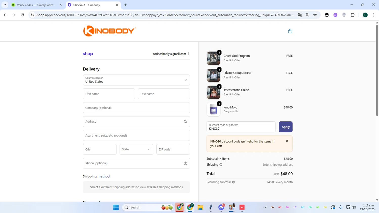 Kinobody discount code screenshot showing code KINO30 applied at Kinobody checkout page. Uploaded by SimplyCodes community member Juanse on Oct 19, 2025