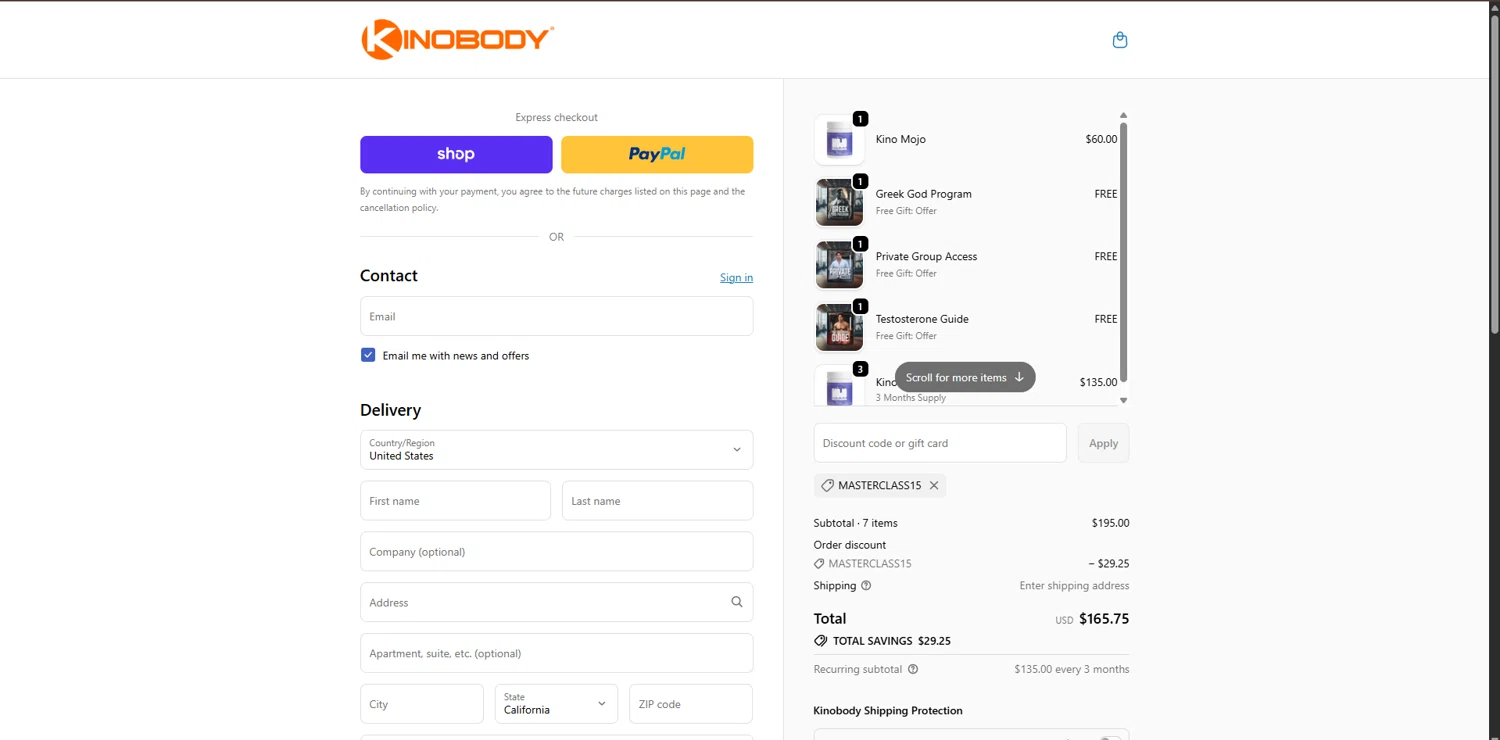 Kinobody discount code screenshot showing code MASTERCLASS15 applied at Kinobody checkout page. Uploaded by SimplyCodes community member LegendaryCurator4133 on Nov 25, 2025