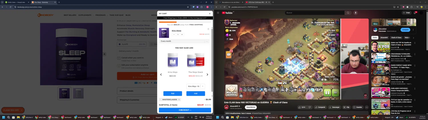 Kinobody discount code screenshot showing code MASTERCLASS15 applied at Kinobody checkout page. Uploaded by SimplyCodes community member TreasureWarden457 on Jun 16, 2025