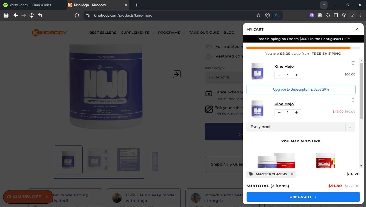Kinobody discount code screenshot showing code MASTERCLASS15 applied at Kinobody checkout page. Uploaded by SimplyCodes community member domain on Jul 10, 2025