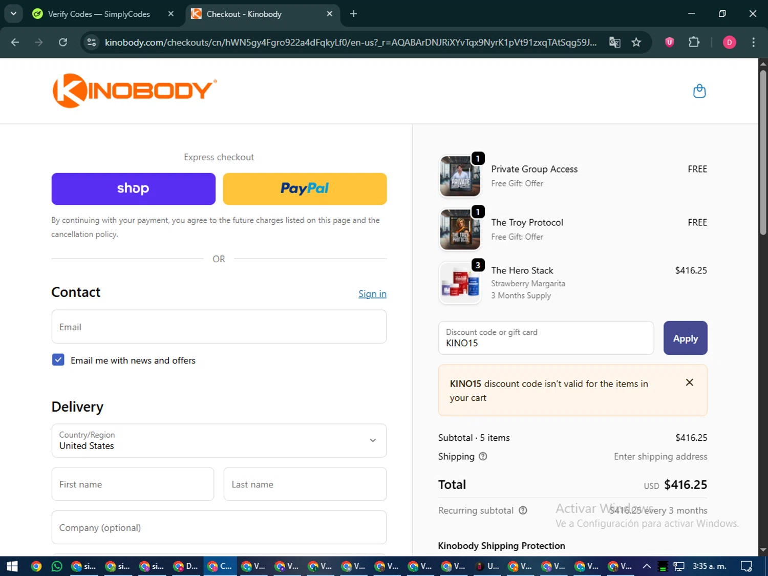 Kinobody discount code screenshot showing code KINO15 applied at Kinobody checkout page. Uploaded by SimplyCodes community member MoneySeeker7165 on Nov 25, 2025