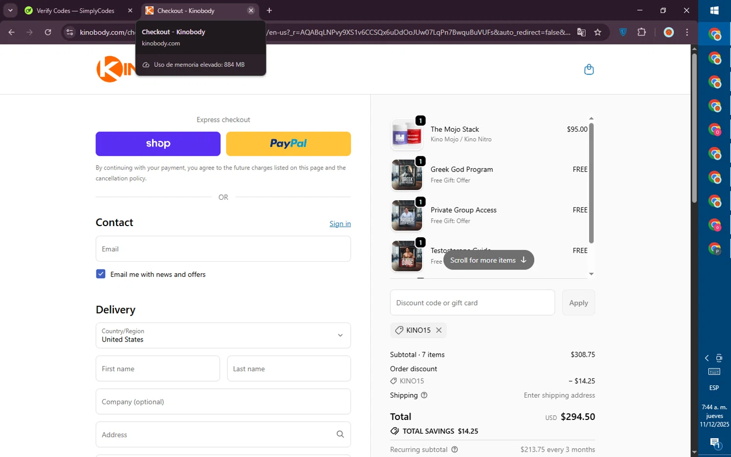 Kinobody discount code screenshot showing code KINO15 applied at Kinobody checkout page. Uploaded by SimplyCodes community member PromoVoyager8446 on Dec 11, 2025