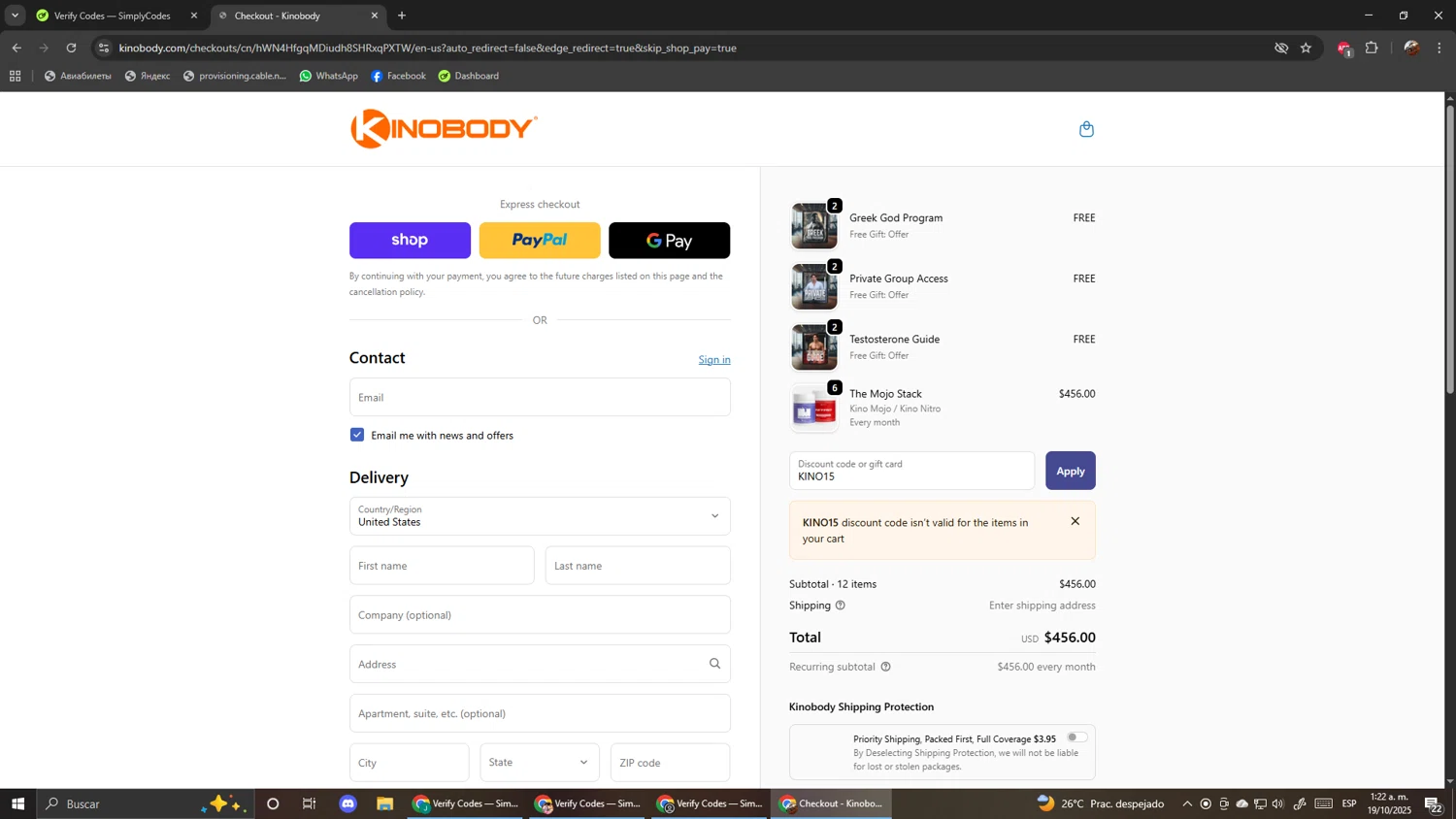 Kinobody discount code screenshot showing code KINO15 applied at Kinobody checkout page. Uploaded by SimplyCodes community member ScanShopper554 on Oct 19, 2025