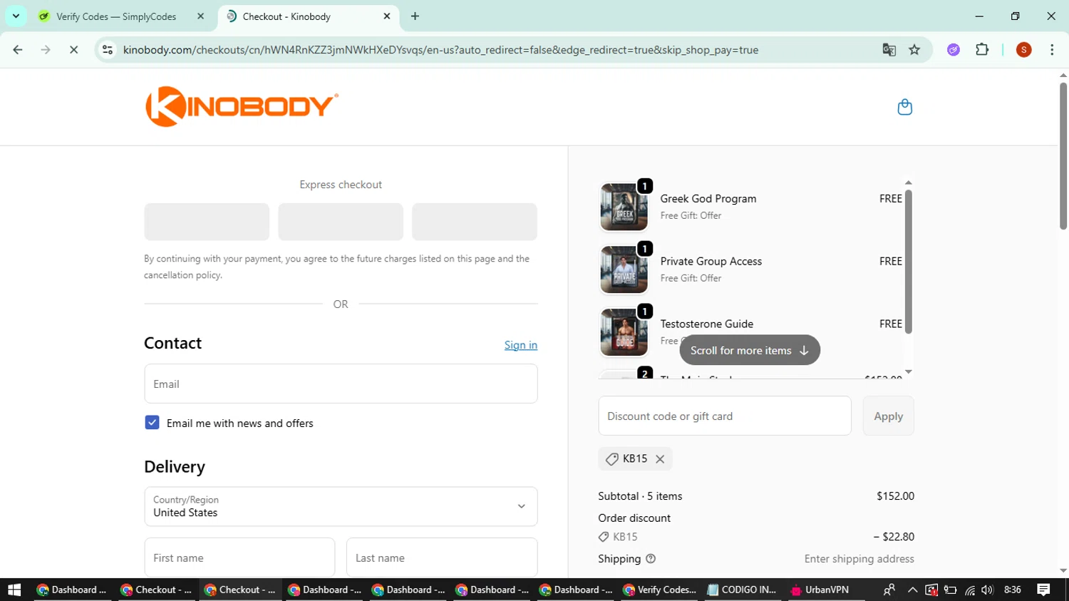 Kinobody discount code screenshot showing code kb15 applied at Kinobody checkout page. Uploaded by SimplyCodes community member CleverTiger4265 on Oct 23, 2025