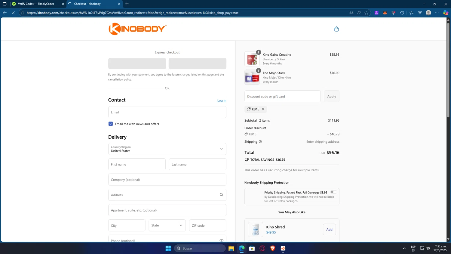 Kinobody discount code screenshot showing code kb15 applied at Kinobody checkout page. Uploaded by SimplyCodes community member GOJOSATURO on Aug 17, 2025