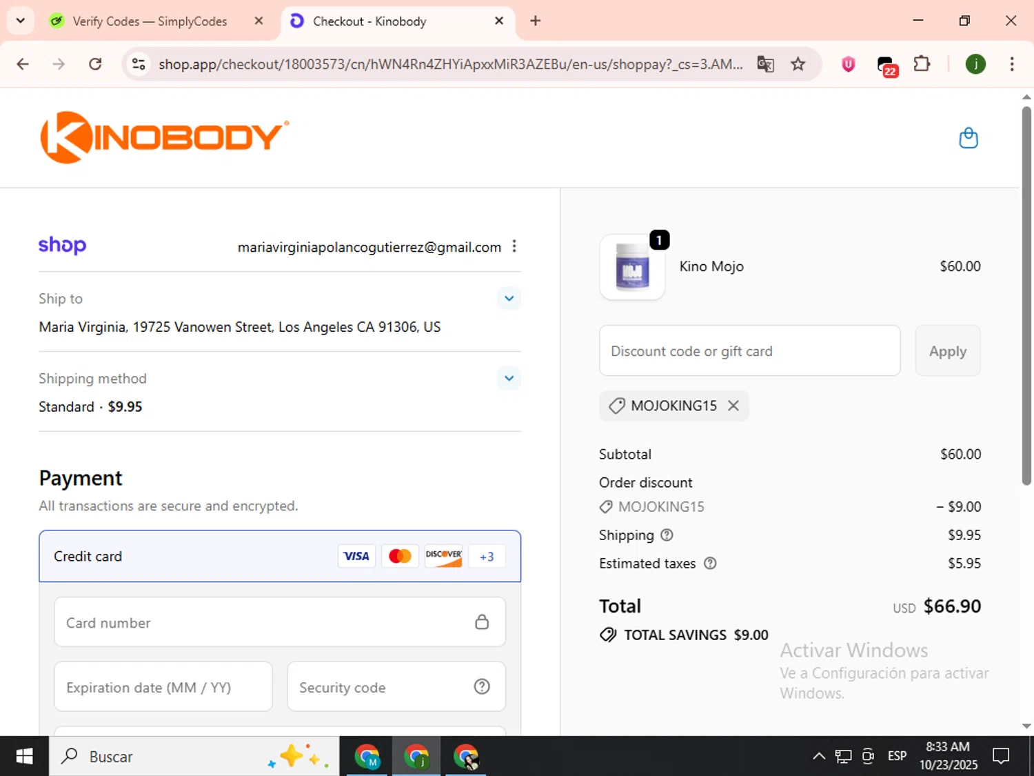 Kinobody discount code screenshot showing code MOJOKING15 applied at Kinobody checkout page. Uploaded by SimplyCodes community member SavingsCollector2592 on Oct 23, 2025