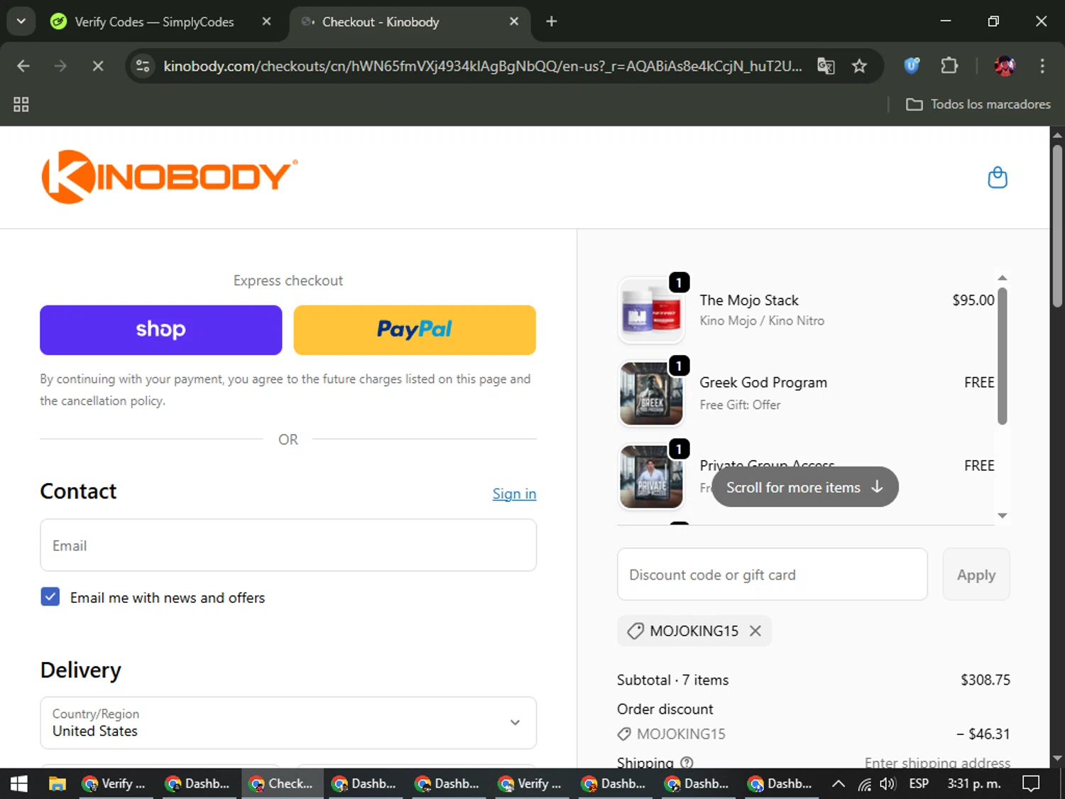 Kinobody discount code screenshot showing code MOJOKING15 applied at Kinobody checkout page. Uploaded by SimplyCodes community member SavingsEagle5772 on Dec 5, 2025