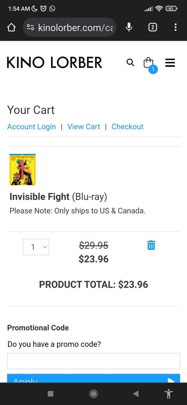 Kino Lorber checkout page showing Kino Lorber promo code box | Screenshot taken by SimplyCodes community member on Apr 22, 2024