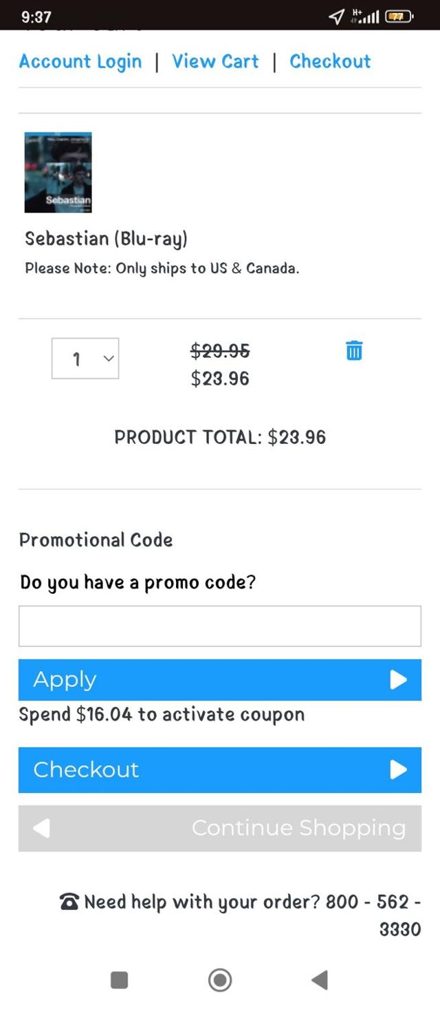 Kino Lorber checkout page showing Kino Lorber promo code box | Screenshot taken by SimplyCodes community member on Oct 2, 2024