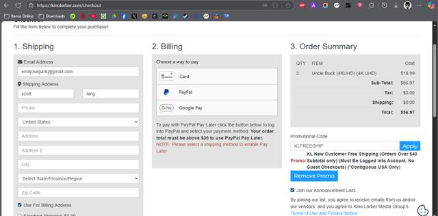 Kino Lorber checkout page showing Kino Lorber promo code box | Screenshot taken by SimplyCodes community member on Jul 18, 2025