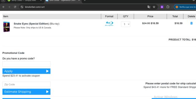 Kino Lorber checkout page showing Kino Lorber promo code box | Screenshot taken by SimplyCodes community member on Jan 21, 2025