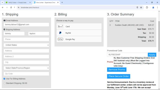 Kino Lorber checkout page showing Kino Lorber promo code box | Screenshot taken by SimplyCodes community member on Aug 21, 2024