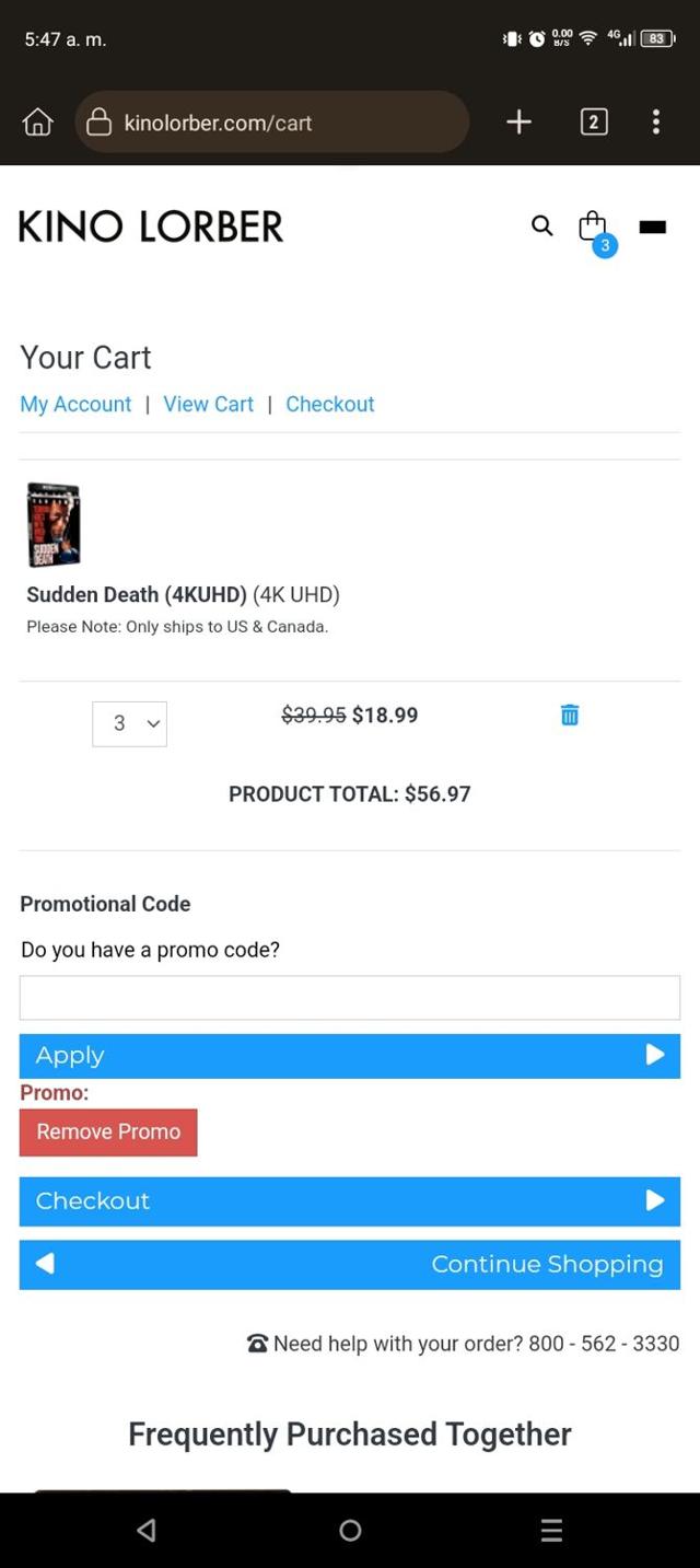 Kino Lorber checkout page showing Kino Lorber promo code box | Screenshot taken by SimplyCodes community member on Dec 23, 2024