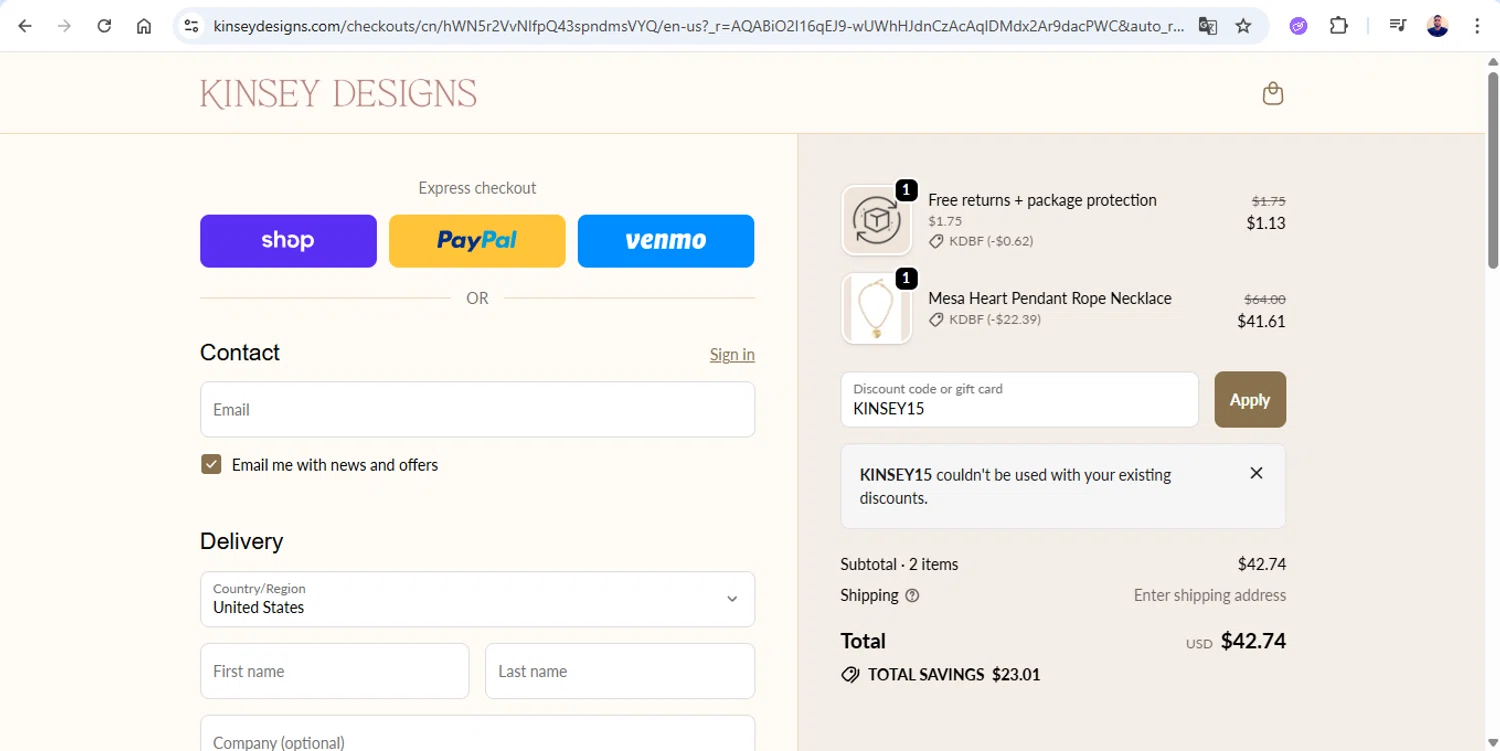 Kinsey Designs promo code screenshot showing code KINSEY15 applied at Kinsey Designs checkout page. Uploaded by SimplyCodes community member joseg151520 on Nov 29, 2025