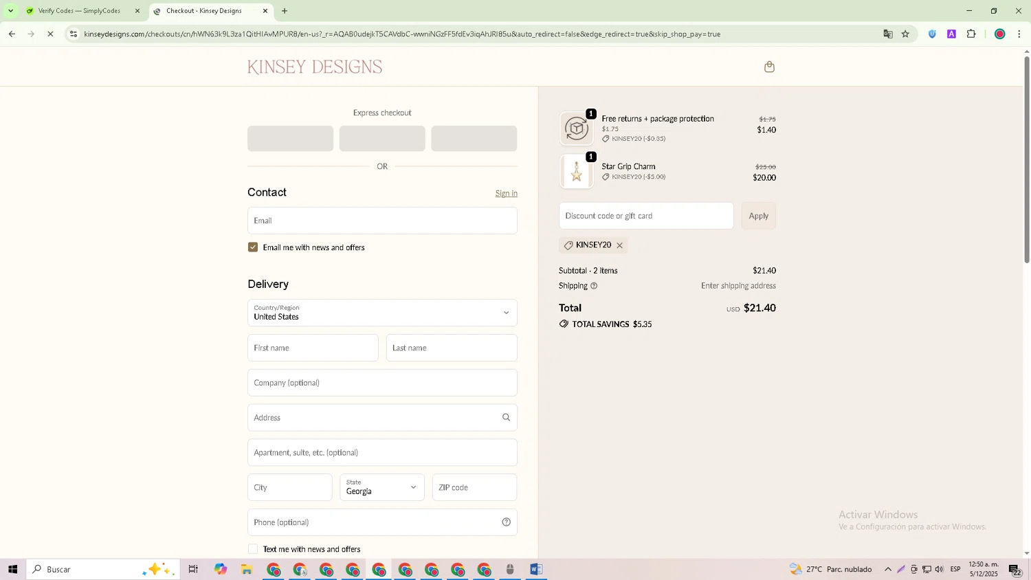 Kinsey Designs promo code screenshot showing code KINSEY20 applied at Kinsey Designs checkout page. Uploaded by SimplyCodes community member Joseph_Davis on Dec 4, 2025