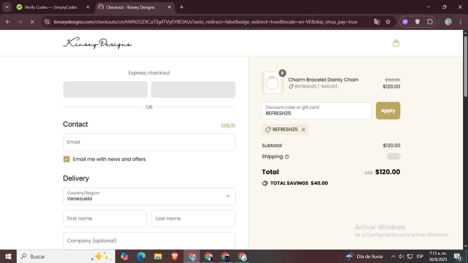 Kinsey Designs promo code screenshot showing code REFRESH25 applied at Kinsey Designs checkout page. Uploaded by SimplyCodes community member LegendaryPro7106 on Aug 30, 2025