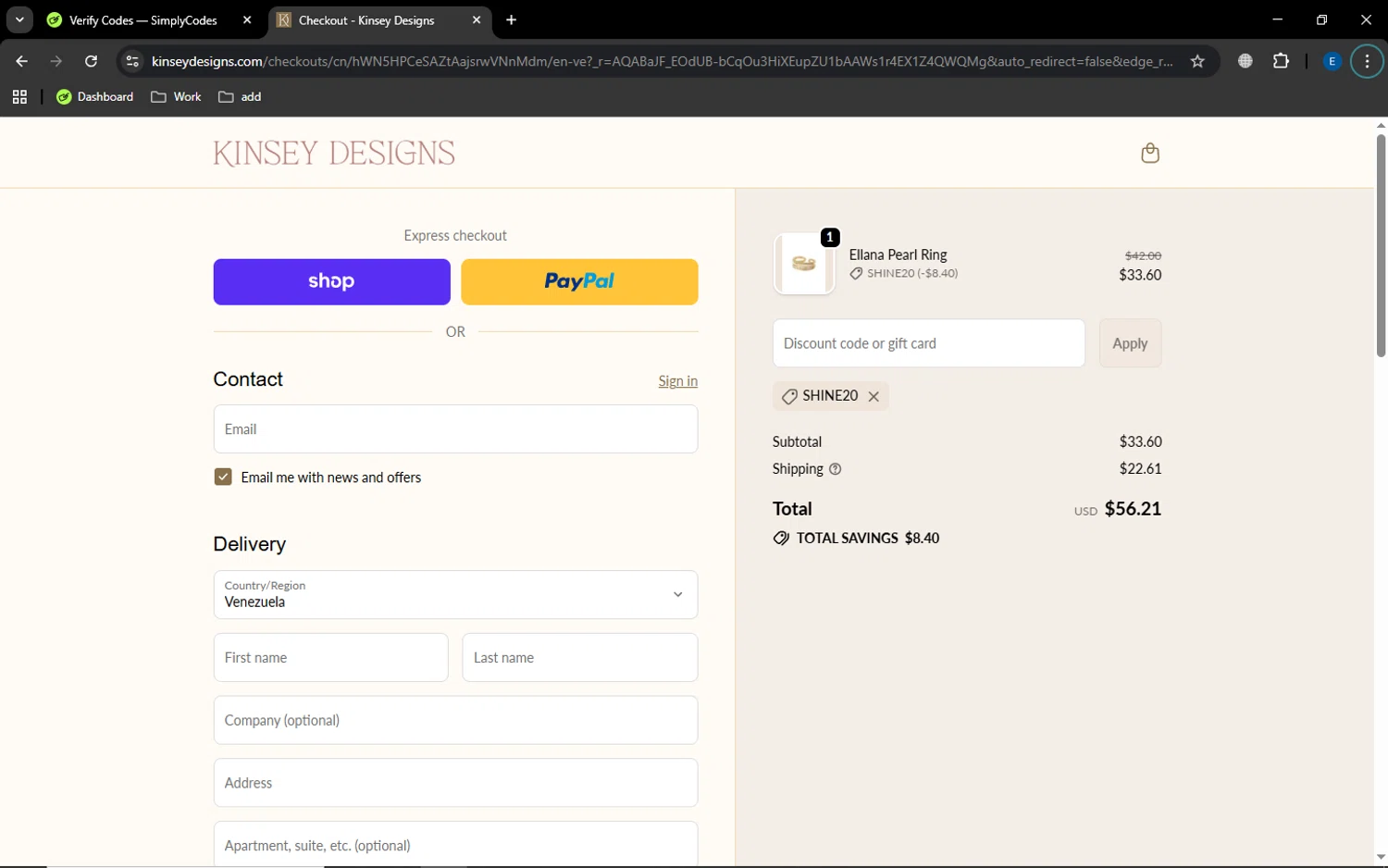 Kinsey Designs promo code screenshot showing code SHINE20 applied at Kinsey Designs checkout page. Uploaded by SimplyCodes community member GoldSaver5472 on Nov 14, 2025