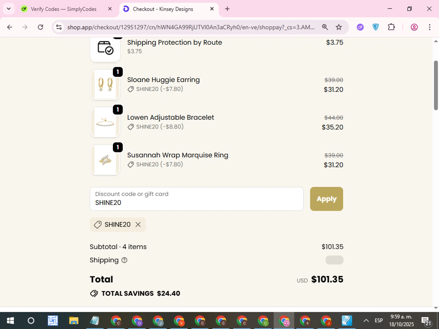 Kinsey Designs promo code screenshot showing code SHINE20 applied at Kinsey Designs checkout page. Uploaded by SimplyCodes community member QuestCurator1644 on Oct 18, 2025