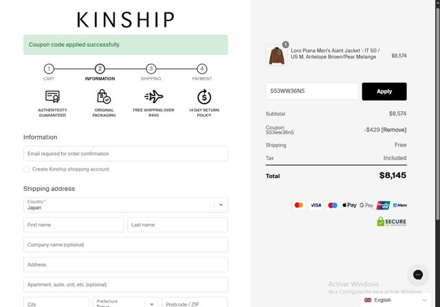 Kinship.jp checkout page showing Kinship.jp promo code box | Screenshot taken by SimplyCodes community member on Apr 28, 2025