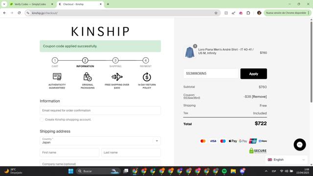 Kinship.jp checkout page showing Kinship.jp promo code box | Screenshot taken by SimplyCodes community member on Apr 15, 2025