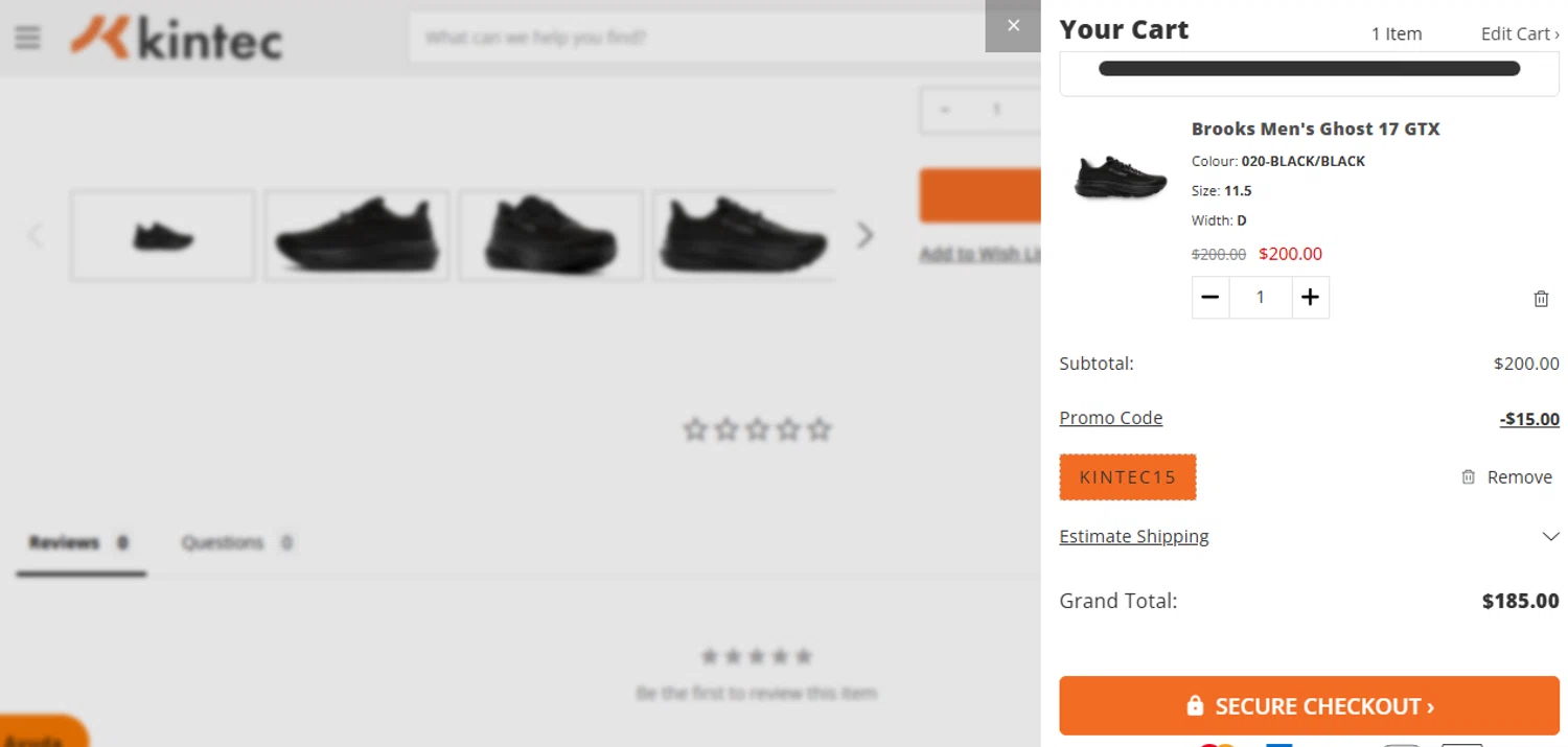 Kintec promo code screenshot showing code KINTEC15 applied at Kintec checkout page. Uploaded by SimplyCodes community member CouponLion324 on Nov 30, 2025