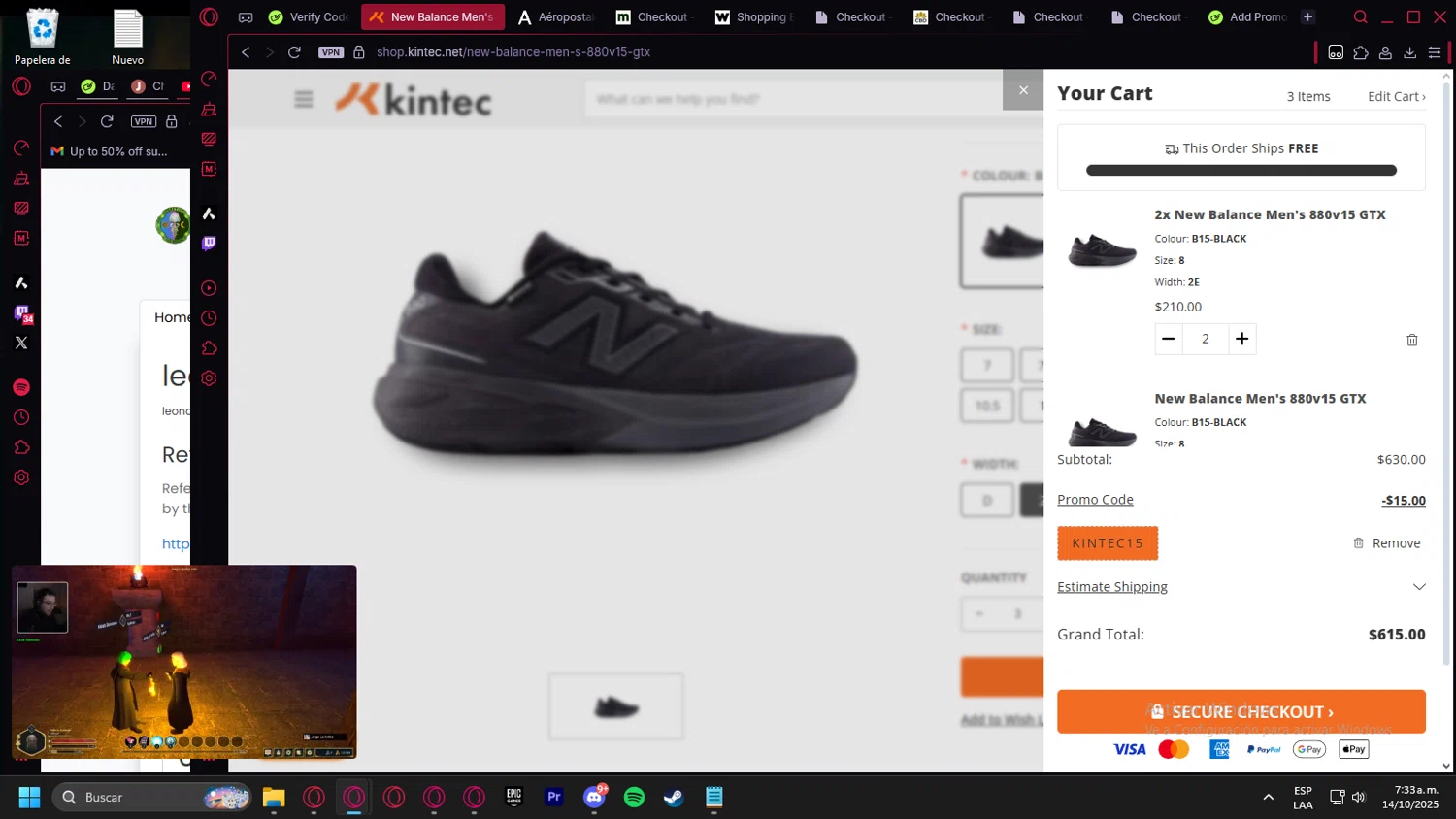 Kintec promo code screenshot showing code KINTEC15 applied at Kintec checkout page. Uploaded by SimplyCodes community member leonardocamacho2 on Oct 14, 2025