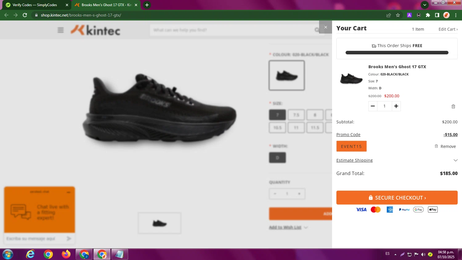 Kintec promo code screenshot showing code EVENT15 applied at Kintec checkout page. Uploaded by SimplyCodes community member LegendaryBoss7060 on Oct 7, 2025
