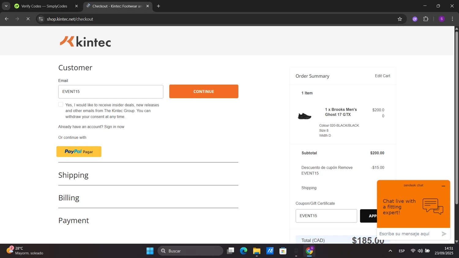 Kintec promo code screenshot showing code EVENT15 applied at Kintec checkout page. Uploaded by SimplyCodes community member sorialbam on Sep 23, 2025