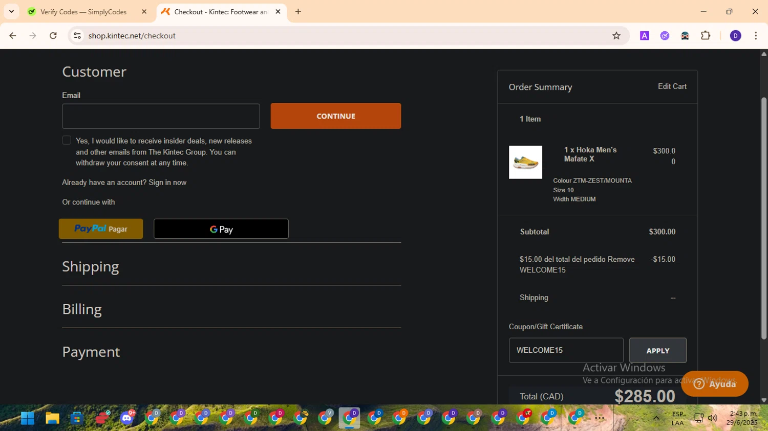 Kintec promo code screenshot showing code WELCOME15 applied at Kintec checkout page. Uploaded by SimplyCodes community member MagnificentFinder9583 on Jun 29, 2025
