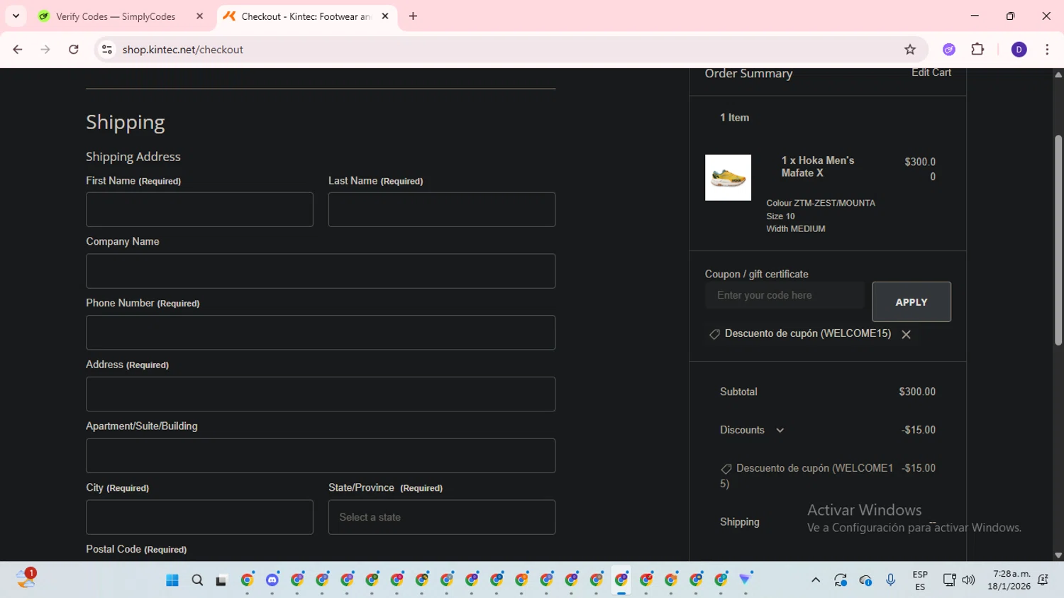 Kintec checkout page showing Kintec promo code box | Screenshot taken by SimplyCodes community member on Jan 18, 2026