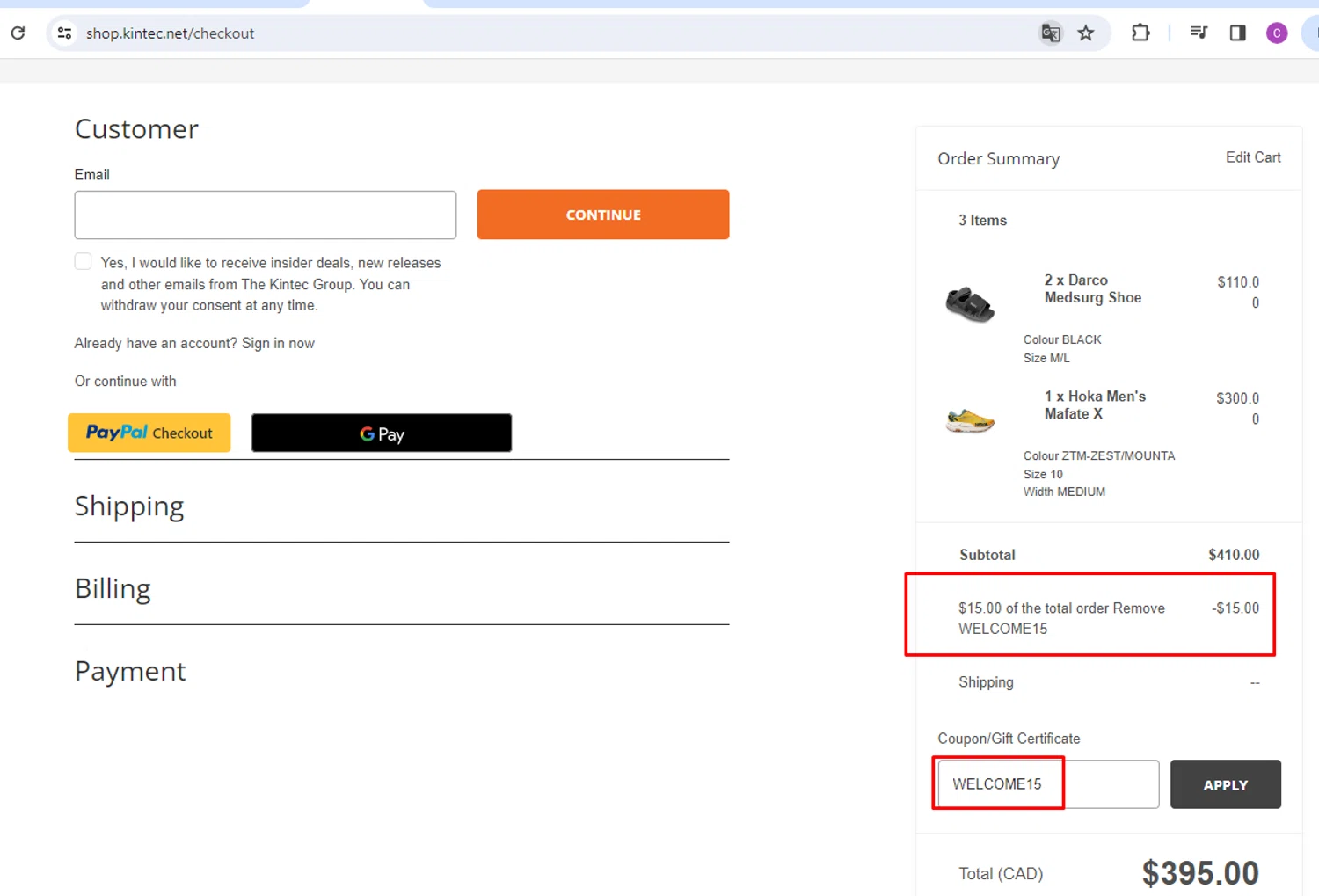 Kintec promo code screenshot showing code WELCOME15 applied at Kintec checkout page. Uploaded by SimplyCodes community member nileskamarcano on Jun 29, 2025