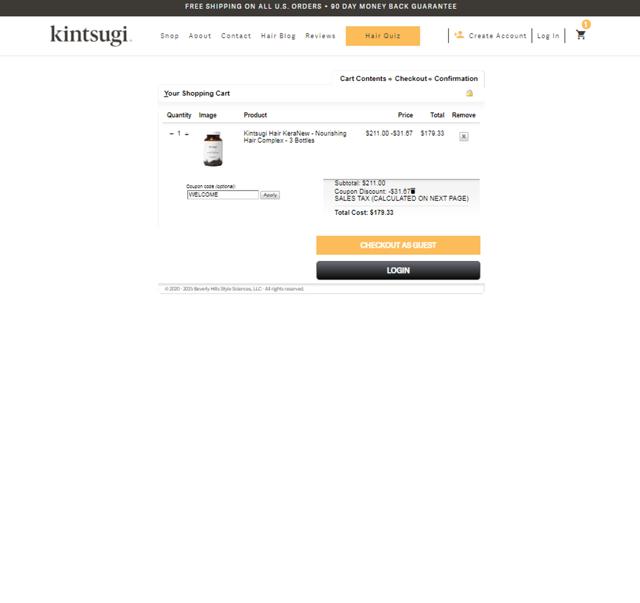 Kintsugi Hair checkout page showing Kintsugi Hair coupon code box | Screenshot taken by SimplyCodes community member on Apr 25, 2025
