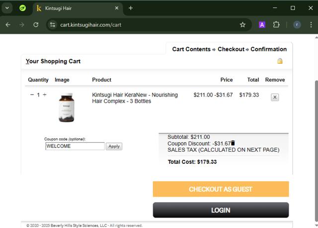 Kintsugi Hair checkout page showing Kintsugi Hair coupon code box | Screenshot taken by SimplyCodes community member on Mar 19, 2025