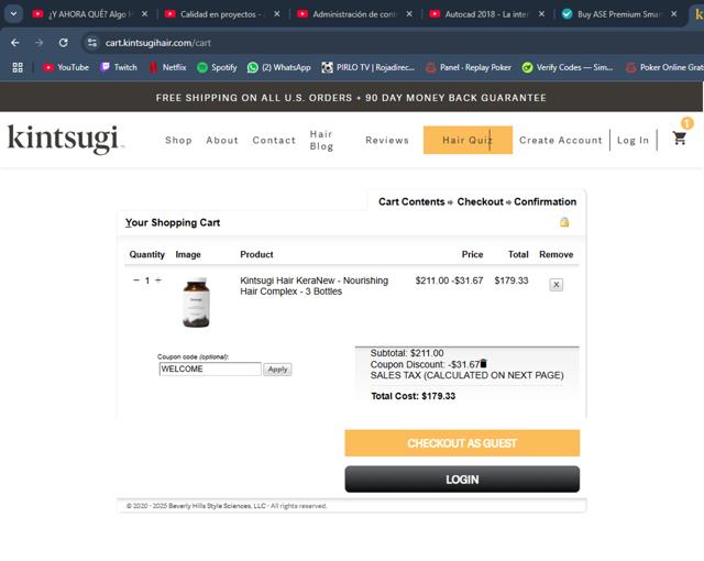 Kintsugi Hair checkout page showing Kintsugi Hair coupon code box | Screenshot taken by SimplyCodes community member on Apr 25, 2025