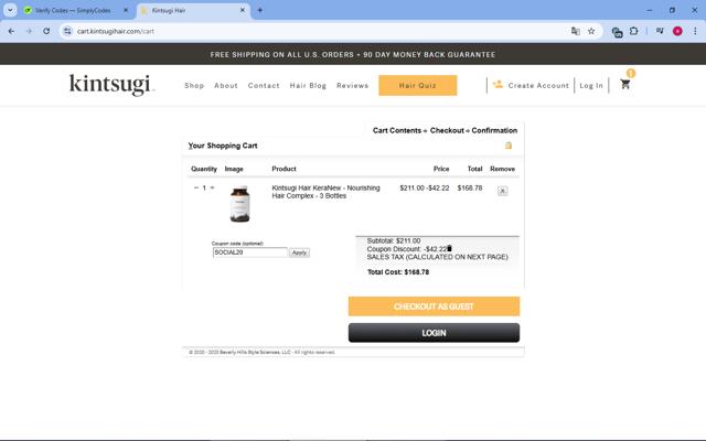 Kintsugi Hair checkout page showing Kintsugi Hair coupon code box | Screenshot taken by SimplyCodes community member on Jan 30, 2025