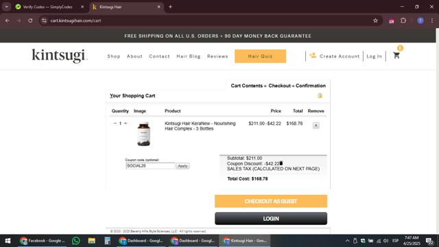 Kintsugi Hair checkout page showing Kintsugi Hair coupon code box | Screenshot taken by SimplyCodes community member on Apr 25, 2025