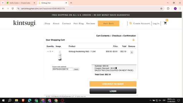 Kintsugi Hair checkout page showing Kintsugi Hair coupon code box | Screenshot taken by SimplyCodes community member on Aug 31, 2025