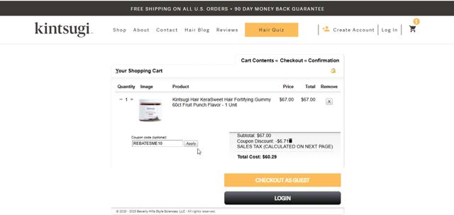 Kintsugi Hair checkout page showing Kintsugi Hair coupon code box | Screenshot taken by SimplyCodes community member on Jan 15, 2025