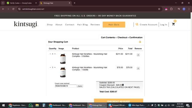 Kintsugi Hair checkout page showing Kintsugi Hair coupon code box | Screenshot taken by SimplyCodes community member on May 10, 2025