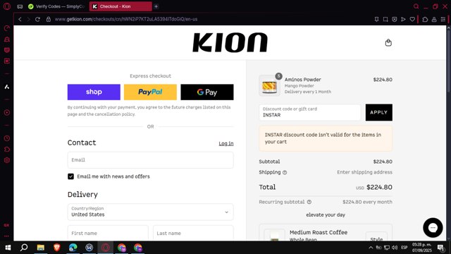 Kion checkout page showing Kion discount code box | Screenshot taken by SimplyCodes community member on Sep 7, 2025