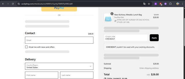 Kipling checkout page showing Kipling discount code box | Screenshot taken by SimplyCodes community member on Aug 18, 2025
