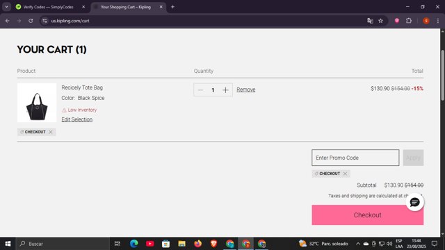 Kipling checkout page showing Kipling discount code box | Screenshot taken by SimplyCodes community member on Aug 23, 2025