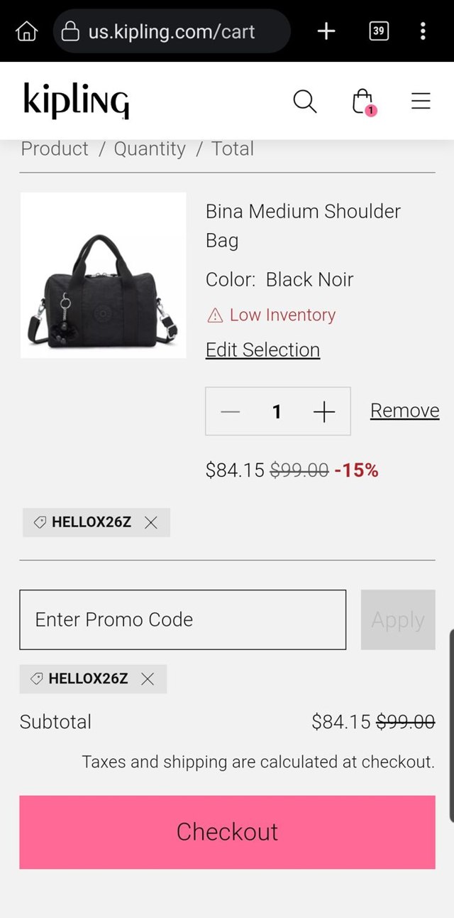 Kipling checkout page showing Kipling discount code box | Screenshot taken by SimplyCodes community member on Aug 16, 2025