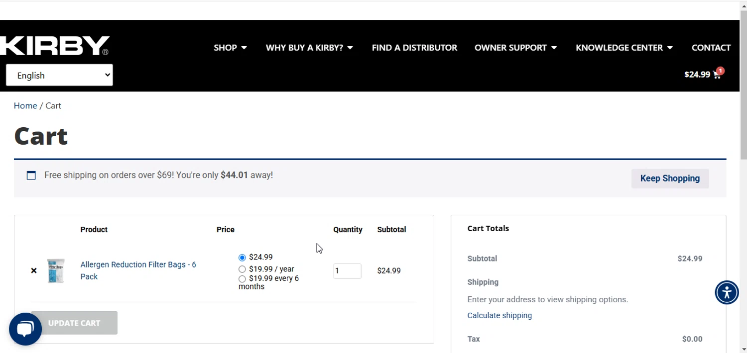 Kirby coupon code screenshot showing code BAGITUP10 applied at Kirby checkout page. Uploaded by SimplyCodes community member SucreX on Jan 31, 2025