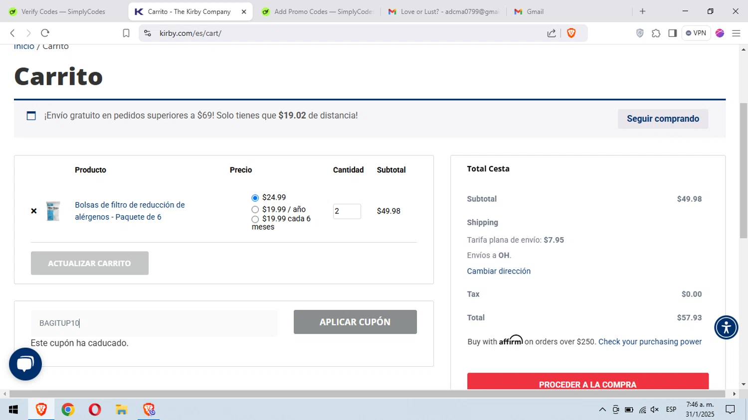 Kirby coupon code screenshot showing code BAGITUP10 applied at Kirby checkout page. Uploaded by SimplyCodes community member peachee on Jan 31, 2025