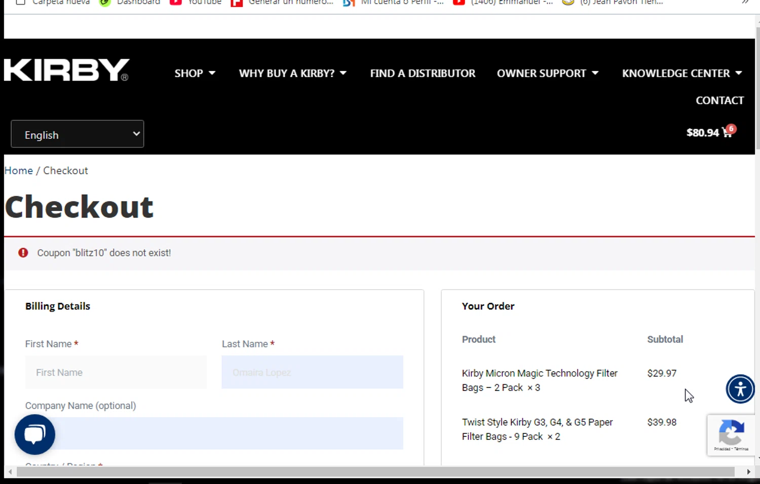 Kirby coupon code screenshot showing code BLITZ10 applied at Kirby checkout page. Uploaded by SimplyCodes community member IFeelGood3 on Mar 14, 2025